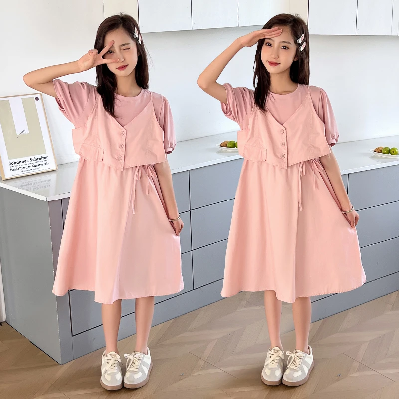 女童大童夏季连衣裙假两件加肥加大偏胖女孩宽松遮肉裙子初中学生