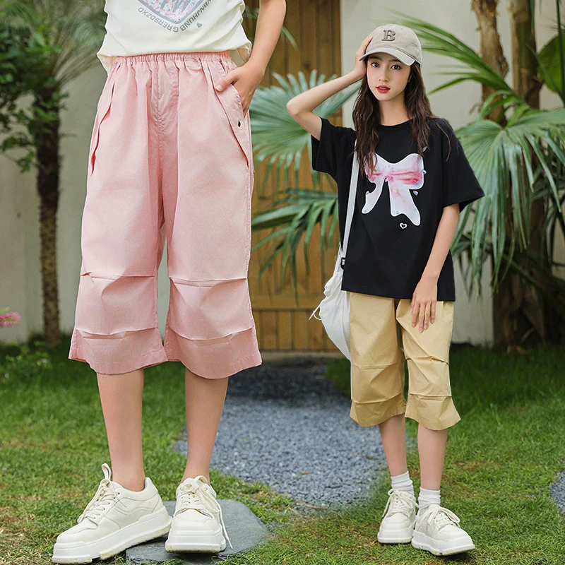 胖女童裤子夏季薄款七分裤中大童大码宽松工装裤休闲中裤加肥加大