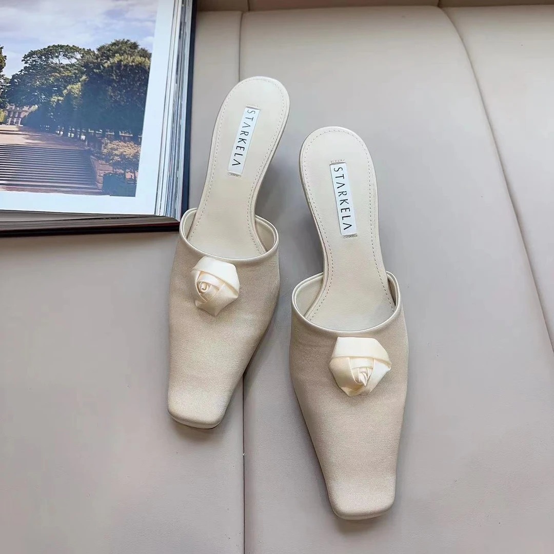 BLAVCPEON【香槟晚会】方头绸缎包头细跟半拖鞋 X240228001