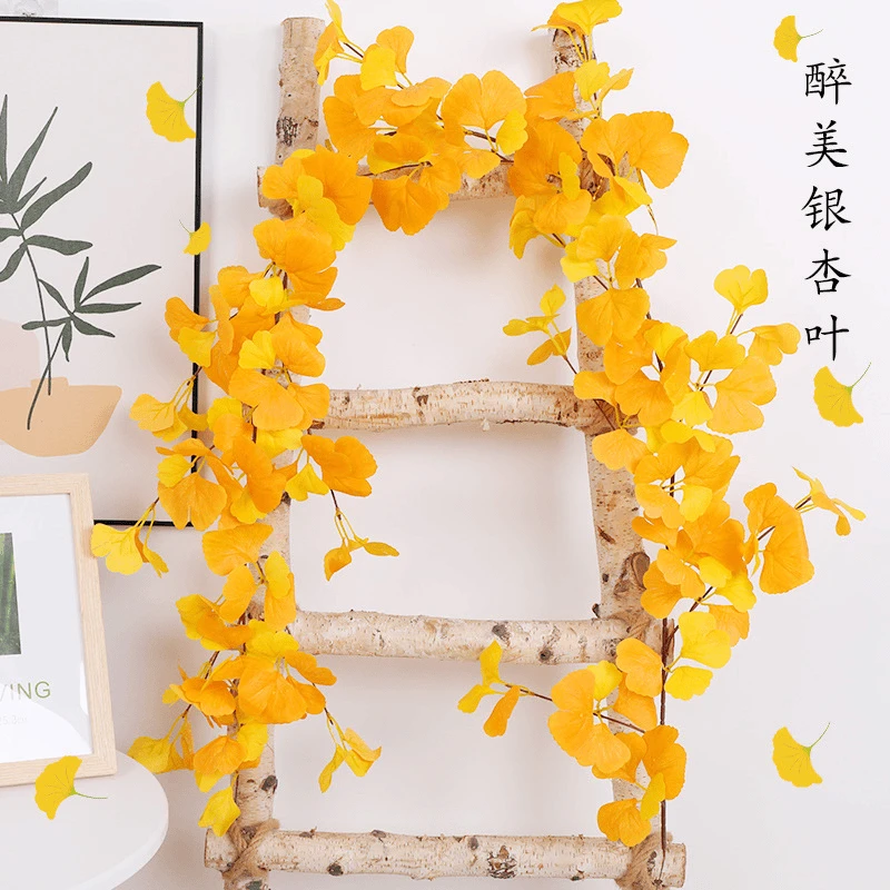正选仿真银杏叶黄色树叶子缠绕空调管道遮挡装饰塑料假花藤条植物