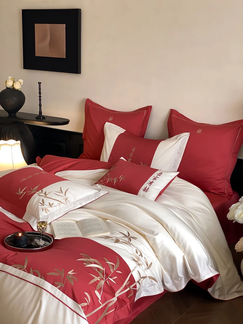 【东方竹韵-吾家有喜】澳棉高精密绣花新品四件套