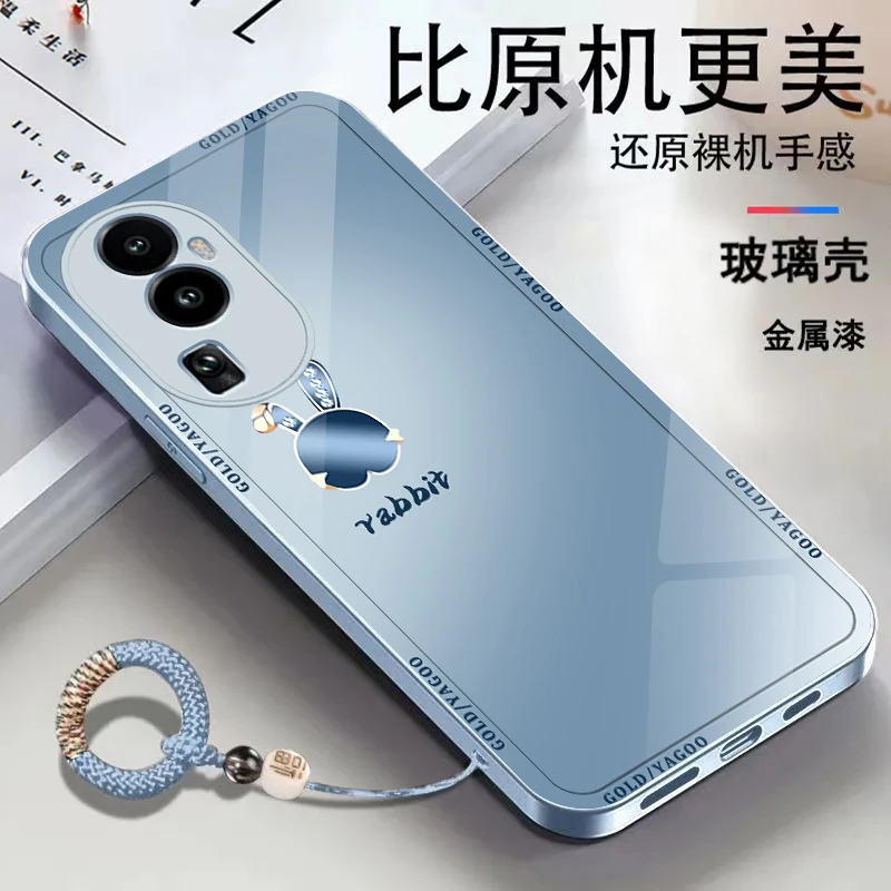 适用【OPPOReno10Pro】金属漆玻璃可爱兔子简约个性防摔手机壳ins
