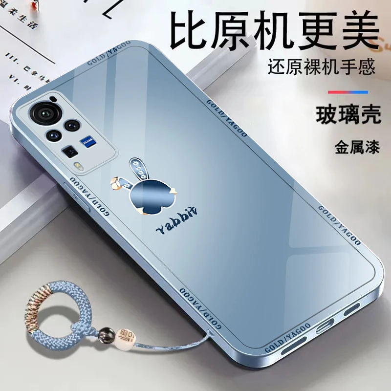 适用【vivoX60Pro】金属漆玻璃可爱兔子简约个性防摔手机壳ins