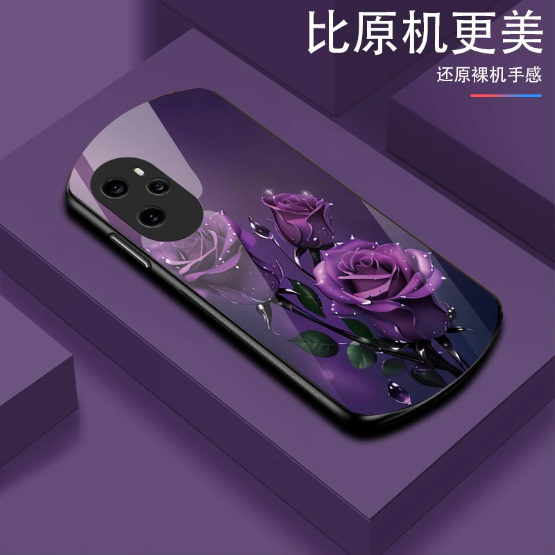 适用【荣耀100Pro】弧形玻璃优雅花朵创意氛围防摔防刮手机壳