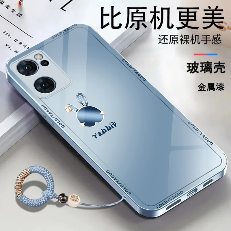 适用【OPPOReno7】金属漆玻璃可爱兔子简约个性防摔手机壳ins