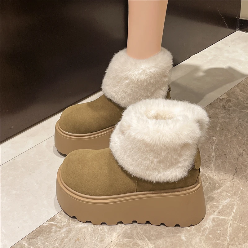 欧货磨砂皮羊羔绒翻领两穿毛毛雪地棉靴厚底松糕小个子超高跟短靴