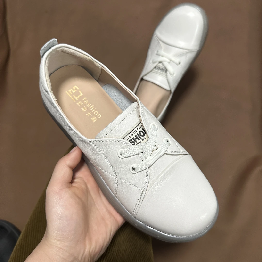 头层牛皮浅口春秋小白鞋女洋气2023新款休闲百搭女鞋平底板鞋单鞋