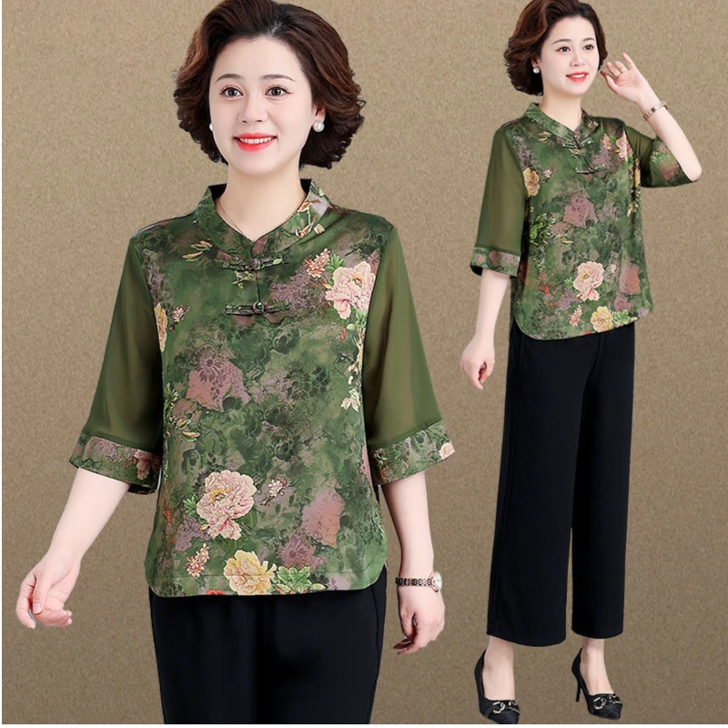 夏季妈妈装2025新款妈妈装气质中老年时尚夏季复古中袖中老年女装