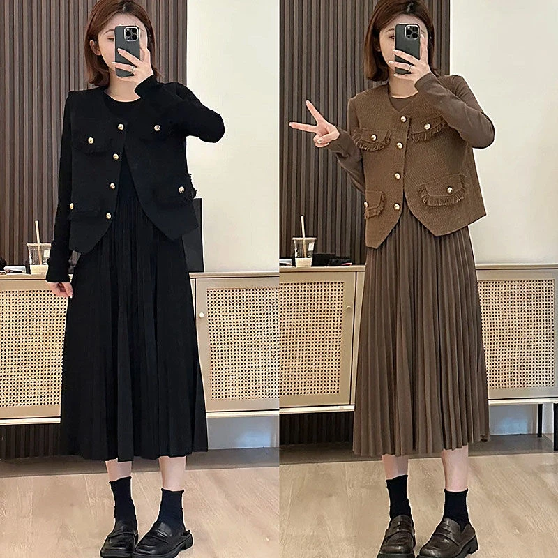 大码法式小香风套装裙新款显瘦时髦马甲外套连衣裙秋装两件套女