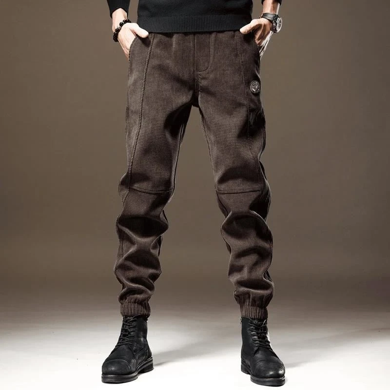 啄木鳥高端重磅格子灯芯绒休闲裤男秋春秋潮牌春秋宽松卫裤工装束