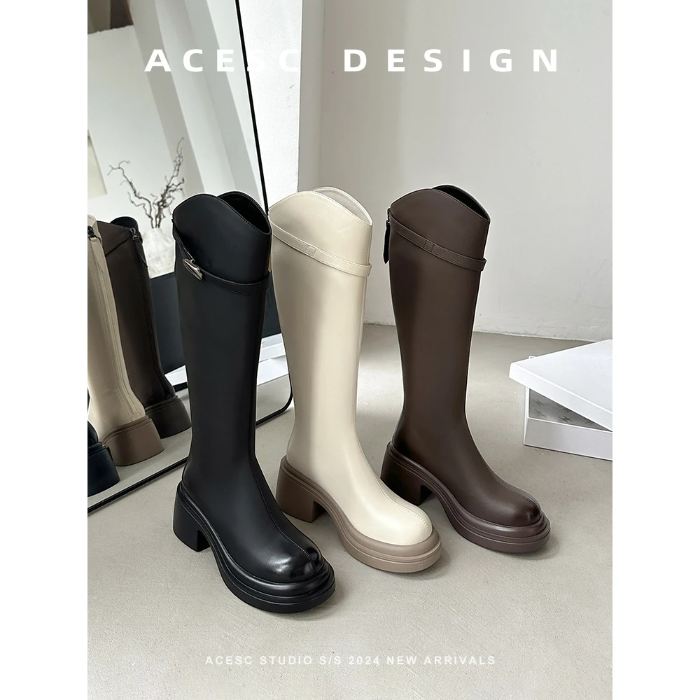 25小辰家 早春不过膝V口时尚百搭搭扣骑士靴瘦瘦靴新款A24391392