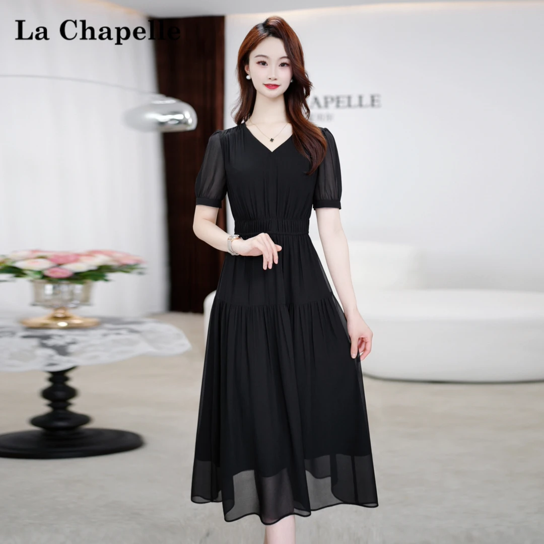 La Chapelle/拉夏贝尔【卿本佳人】2024年松紧腰法式长裙连衣裙女