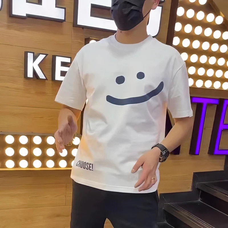 夏季新款笑脸字母印花短袖t恤男士潮流韩版青年百搭简约圆领半袖