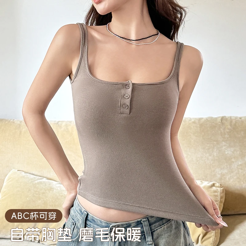 多情猫文胸保暖一体方领磨毛背心修身显瘦百搭无袖外穿性感保暖衣
