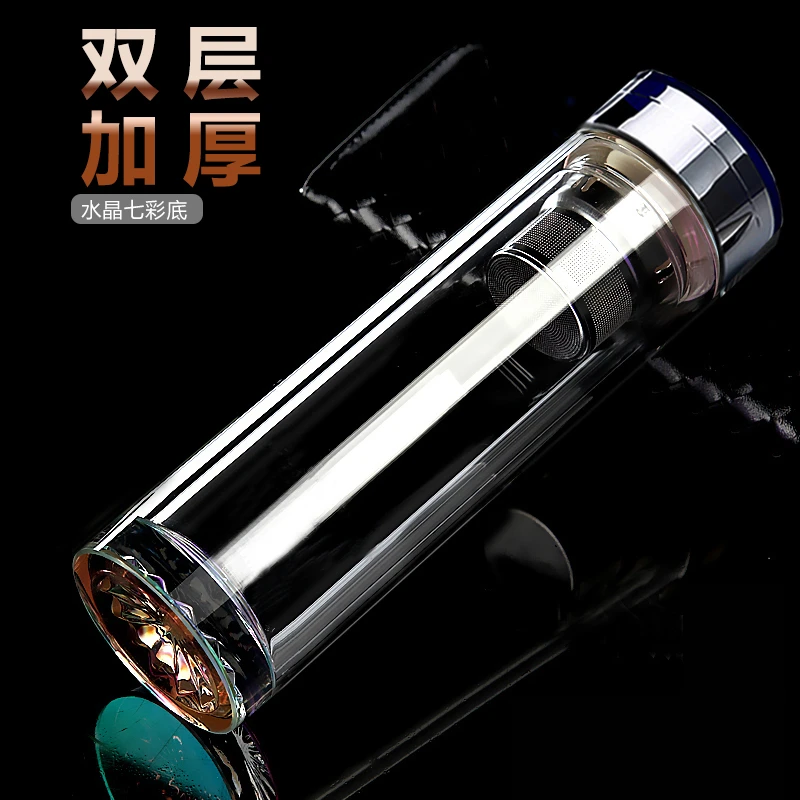 水晶双层玻璃杯男女士便携水杯商务家用茶杯大容量学生加厚花茶杯