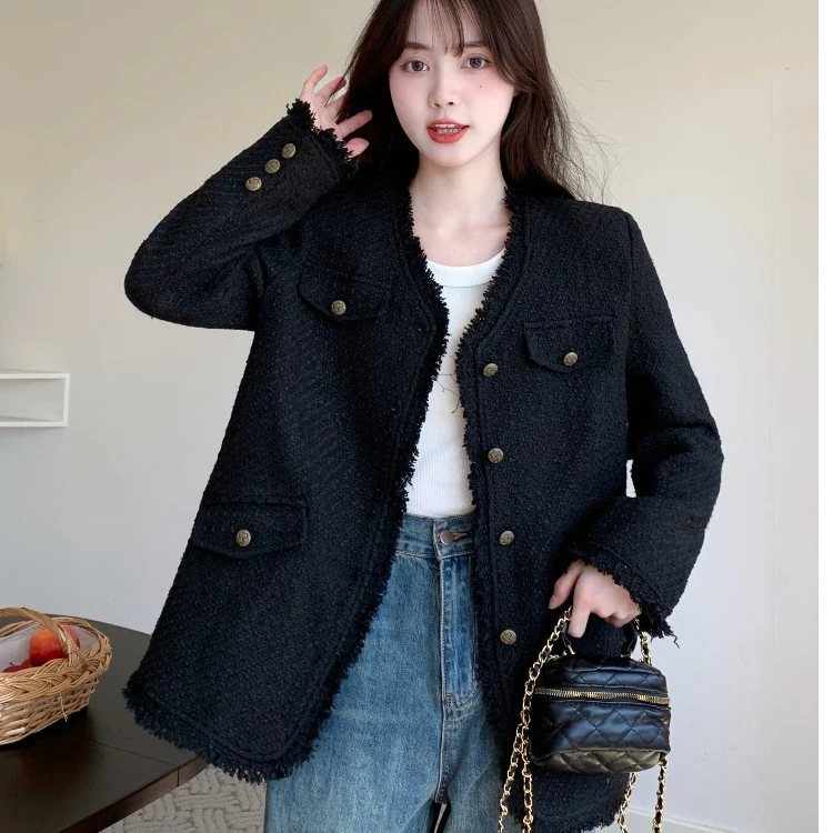 小香风气质黑色外套高级感流须边宽松长袖上衣女外套K888#