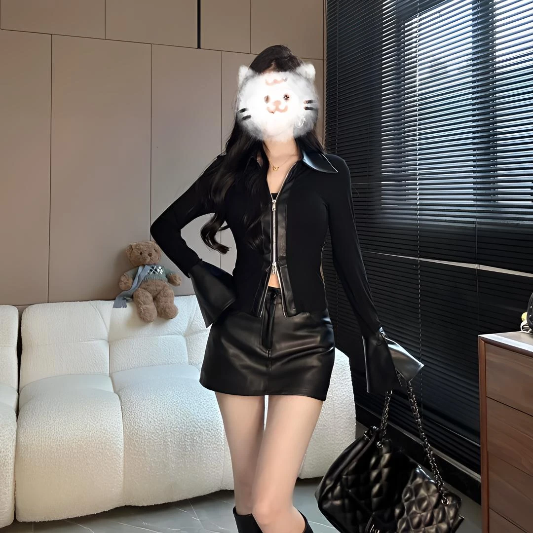 2024秋冬设计感小众拼接气质显瘦长袖打底衫短款黑色皮裙女