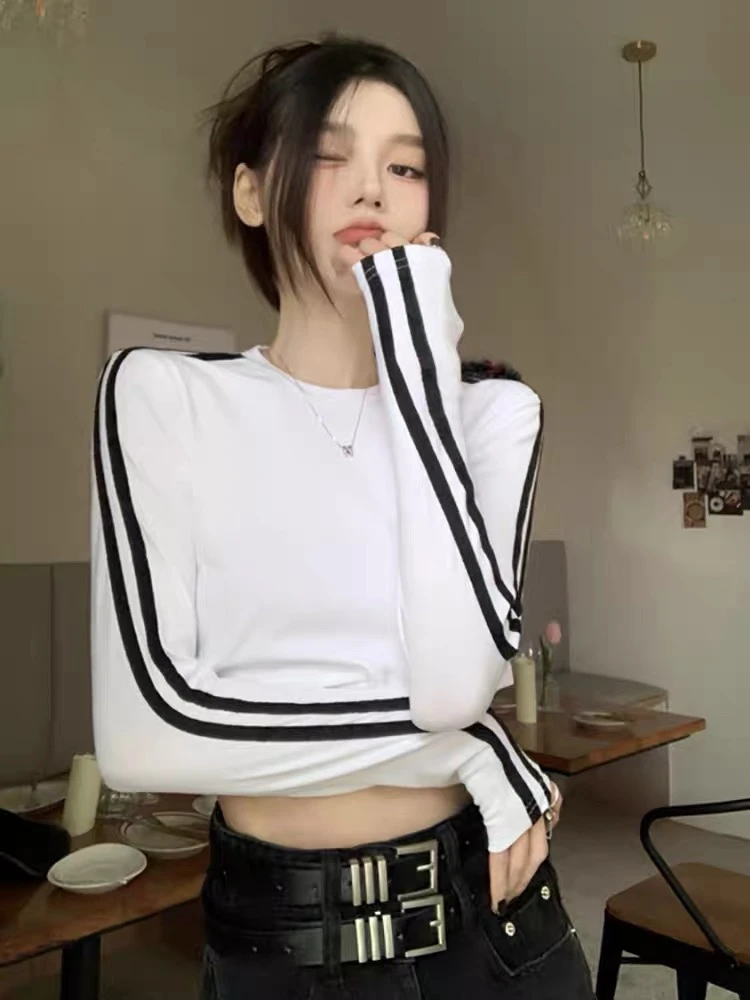 5850    七#休闲百搭侧边黑条修身上衣