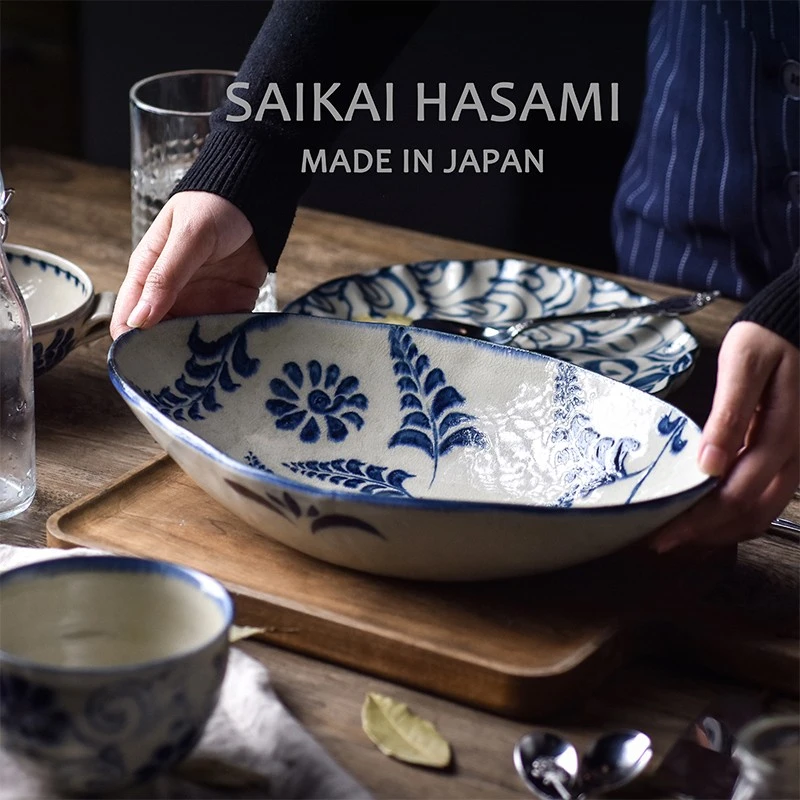 宗山窑日本进口陶瓷餐具手绘冰裂纹餐盘火锅菜盘饺子盘子家用开片