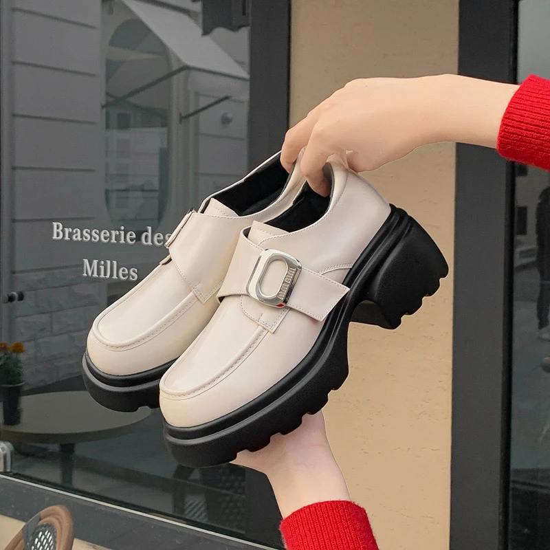 31码起增高6cm圆头乐福鞋白色杏色夏季英伦风日系秋季粗跟