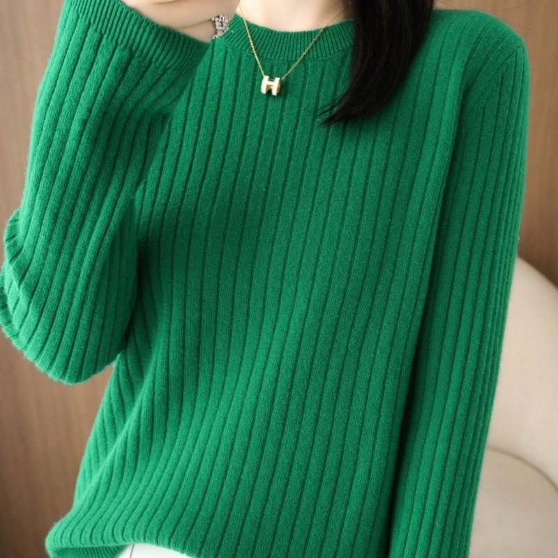 秋冬新款圆领坑条长袖针织衫显瘦女套头毛衣长袖打底上衣2217