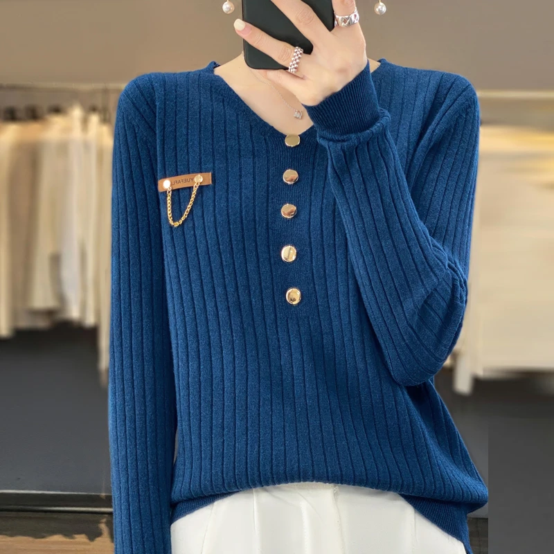 欧货重工V领五粒扣打底衫女2024春秋新款宽松百搭毛衣针织衫上衣