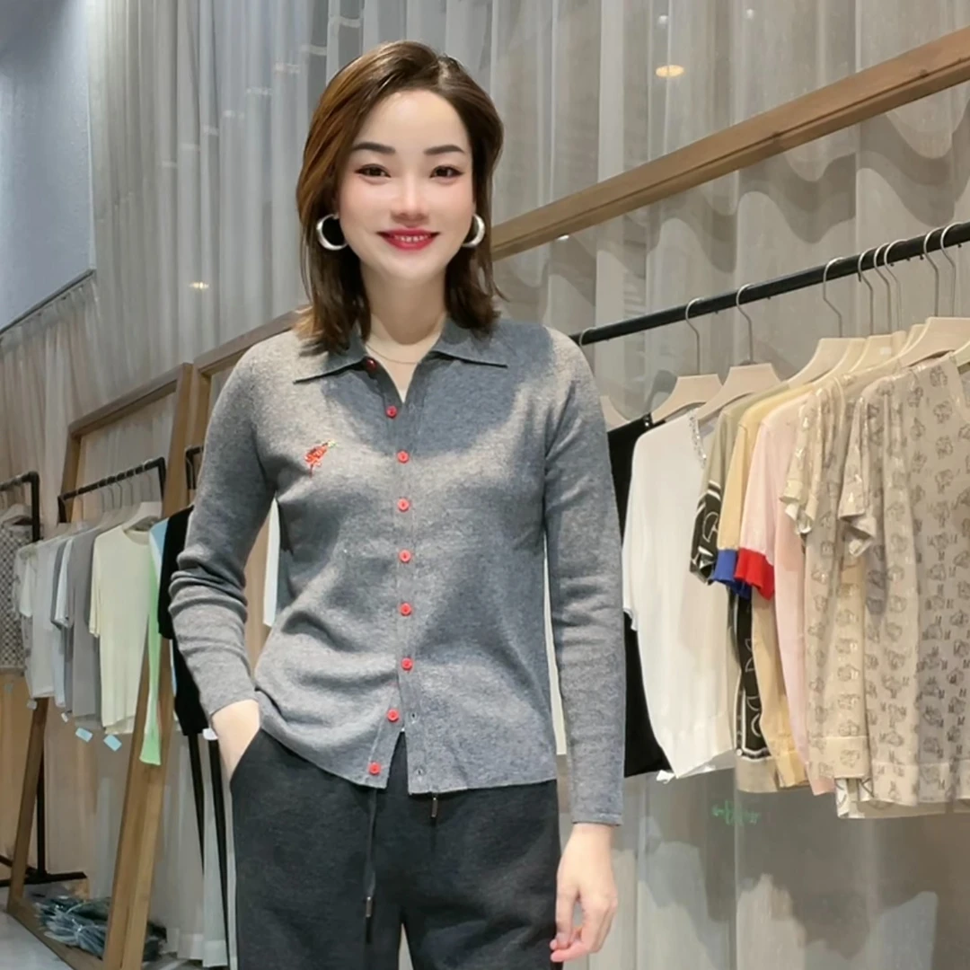 883  美丽诺澳毛 Polo领火烈鸟长袖开衫/衣长58-61