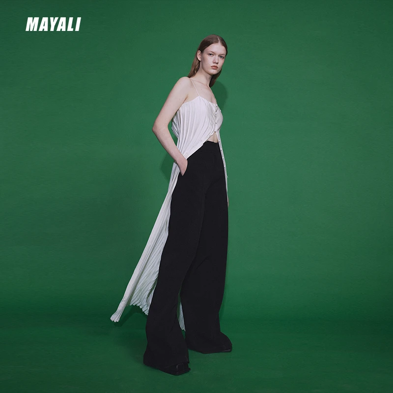 MAYALI明星综艺同款中长款单排扣多穿吊带压褶连衣裙设计感显瘦