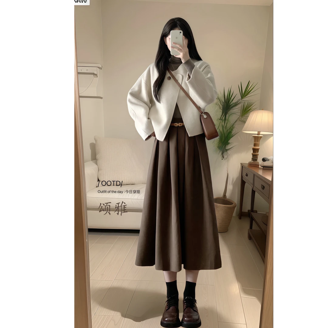 2024秋装女搭配一整套气质斗篷毛呢外套半身裙盐系穿搭两件套装