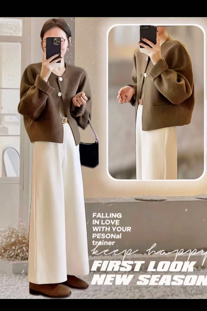 韩版秋季新款2024小香风套装咖色洋气外套高腰显瘦阔腿裤两件套装