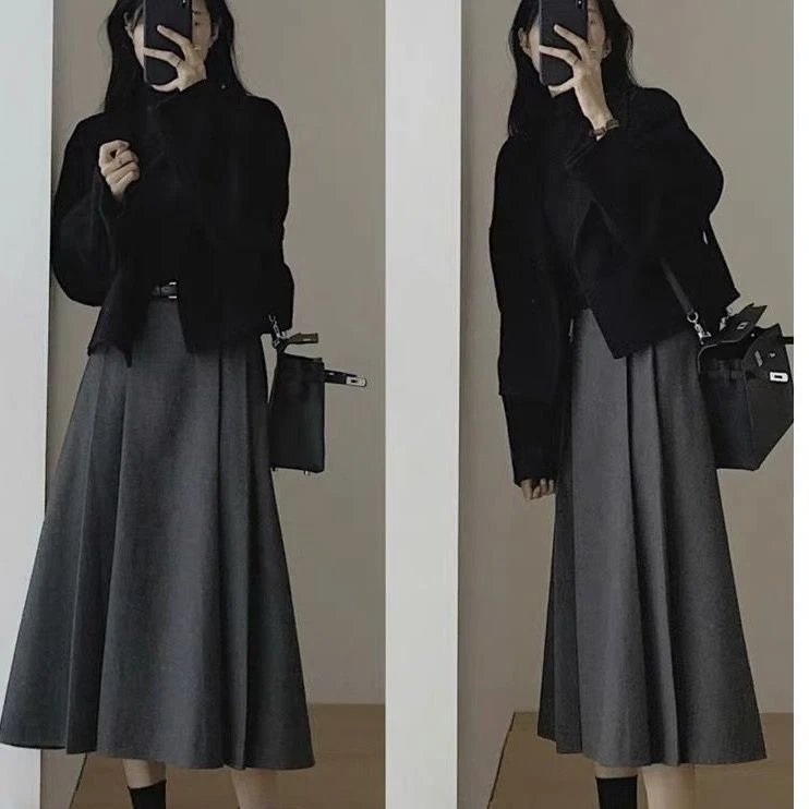 赫本风高级感秋冬季茶系韩版毛呢外套女气质百搭加厚呢子大衣套装