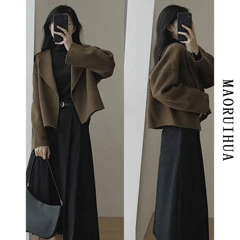 秋冬季赫本风毛呢外套女2024新款小个子短款开衫上衣两件套装秋冬