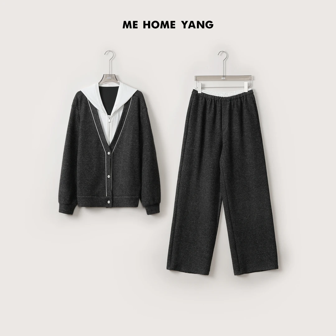 ME【舒适区套装】弹力绒明线假两件连帽套装百搭拼色套装MEQA3659