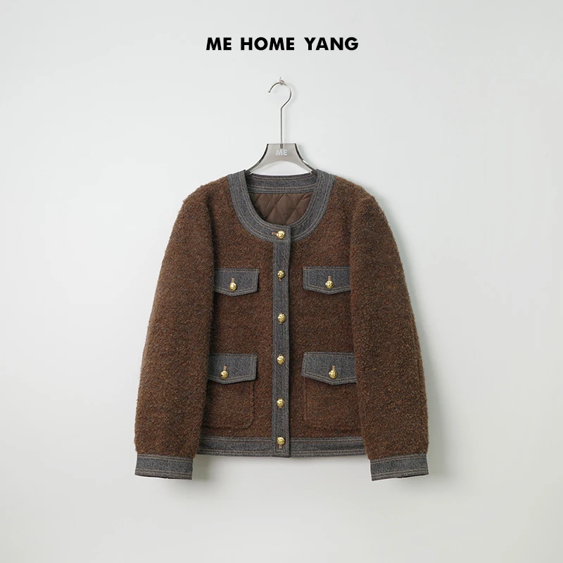 ME【朗姆咖啡】绵羊毛混纺牛仔拼接小香风棉服MEQA2316