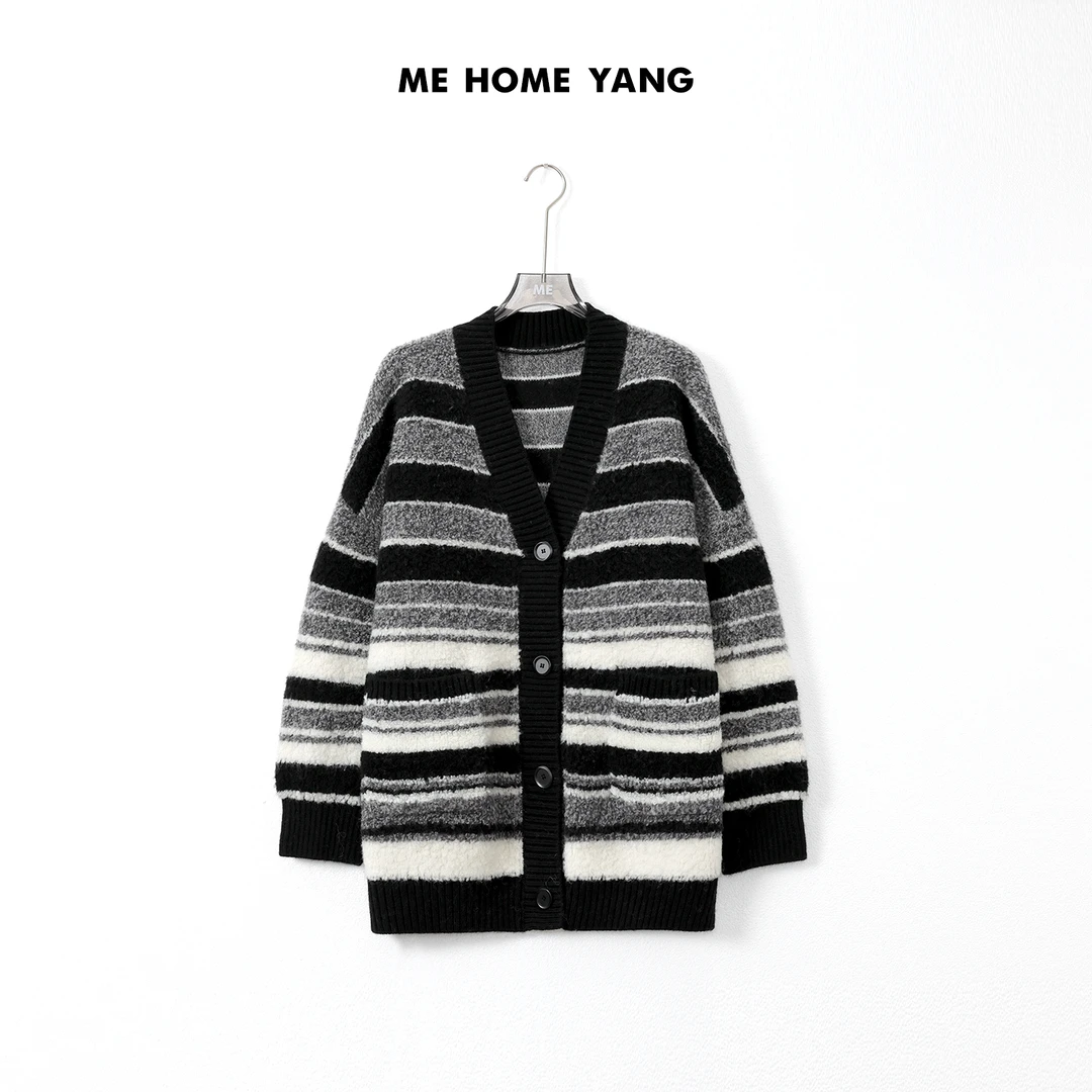 ME【千层条纹衫】100绵羊毛V领长袖针织上衣百搭显瘦毛衣MEQA2966