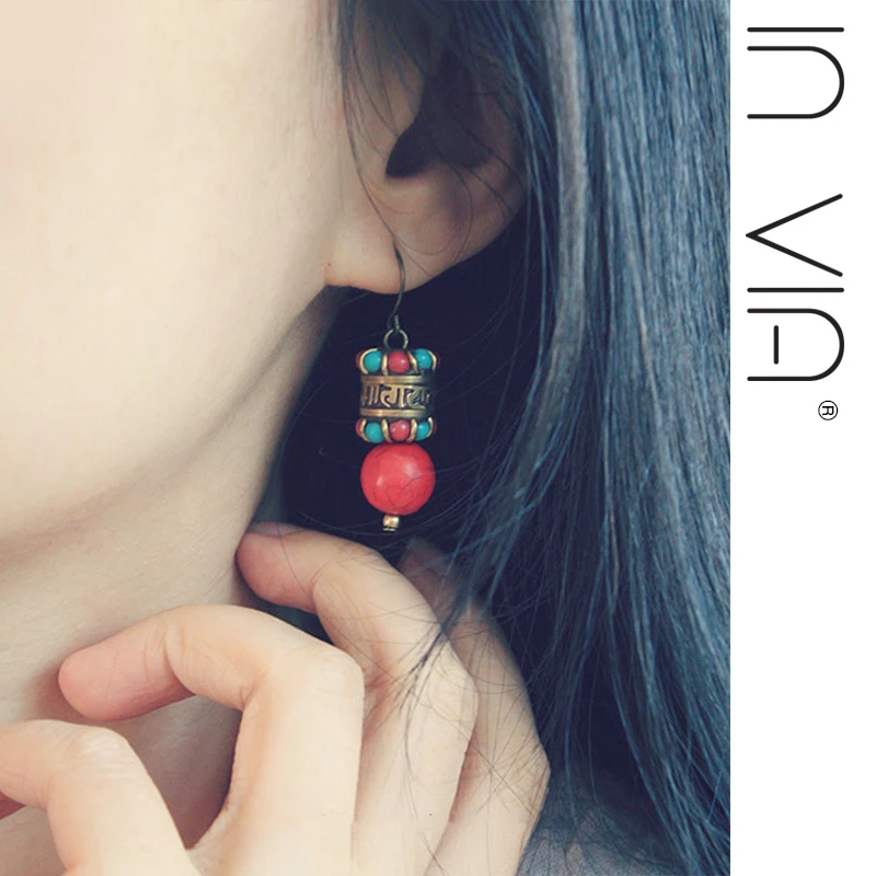 合金树脂耳饰 藏式红色耳环复古风短耳坠民族风无耳洞大红色耳夹