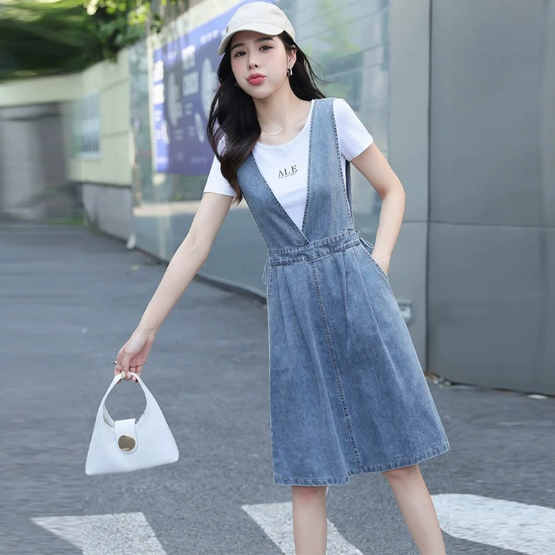 小个子牛仔背带裙女夏季显瘦遮肉盐系收腰牛仔裙春夏超显瘦连衣裙
