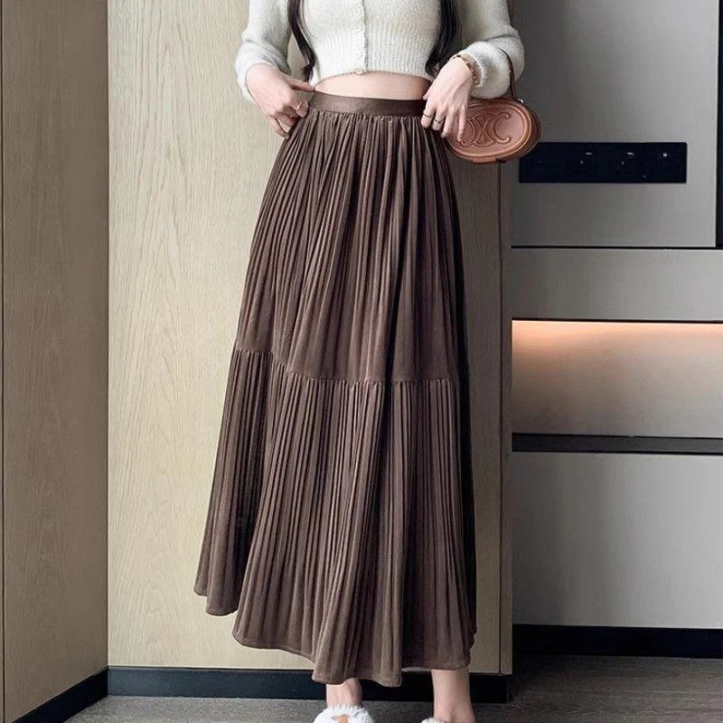 丝绒大摆半身裙子女2023秋冬新款小个子字百褶拼接高腰中长裙
