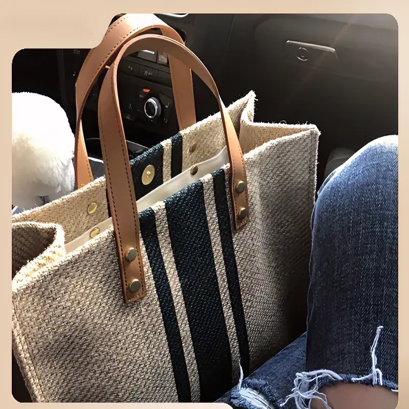 韩版女士手提公文包职业通勤条纹简约单肩大包包ins大容量帆布包