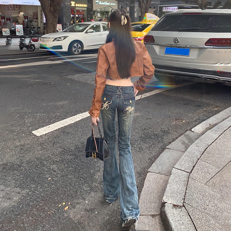 高街辣妹复古水洗拖地低腰微喇叭牛仔裤女