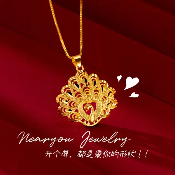 钛钢项链 网红款精美时尚婚庆金色孔雀开屏项饰女款配双水波纹