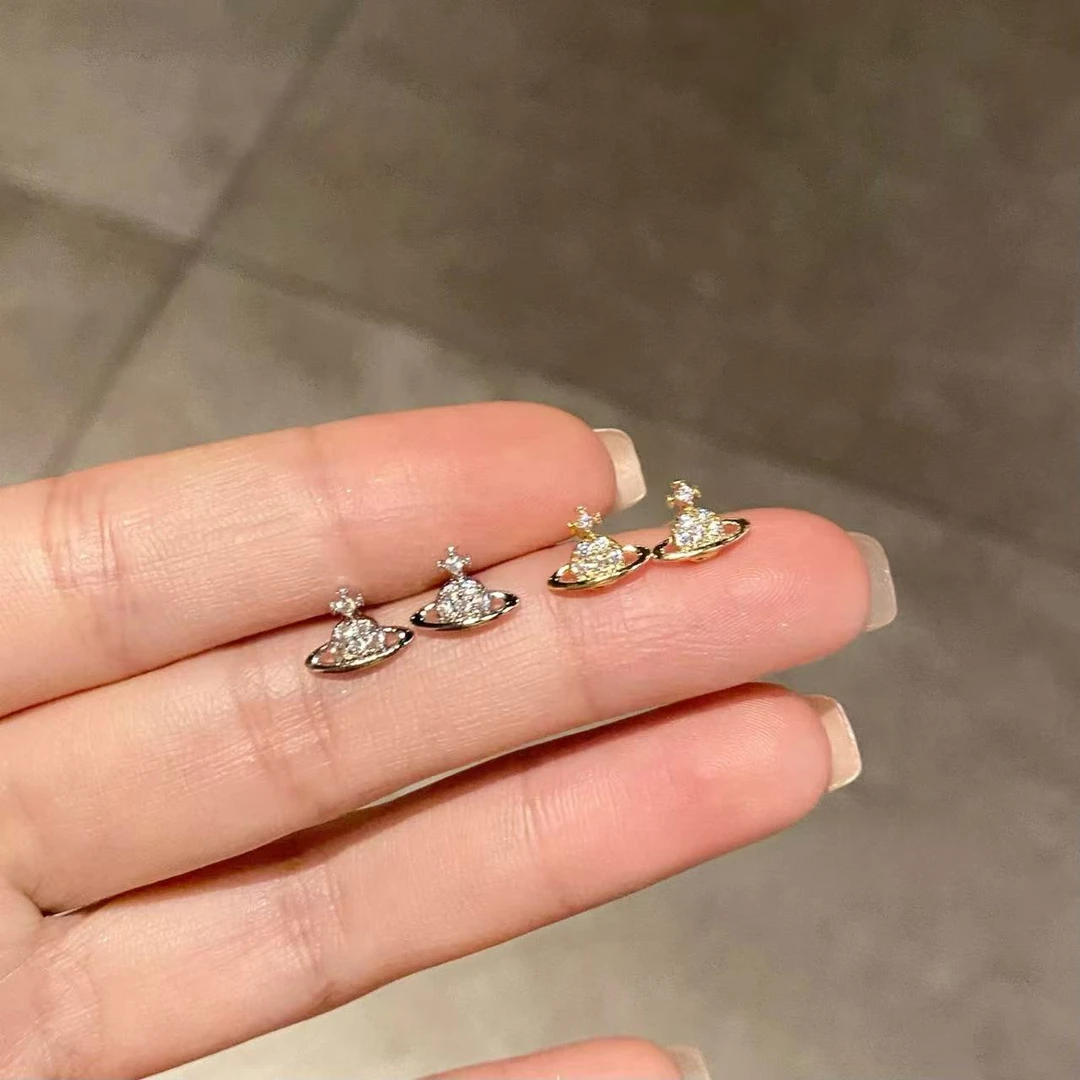铜合金锆石耳饰 土星镶锆S925银针耳钉小众百搭简约精致设计感