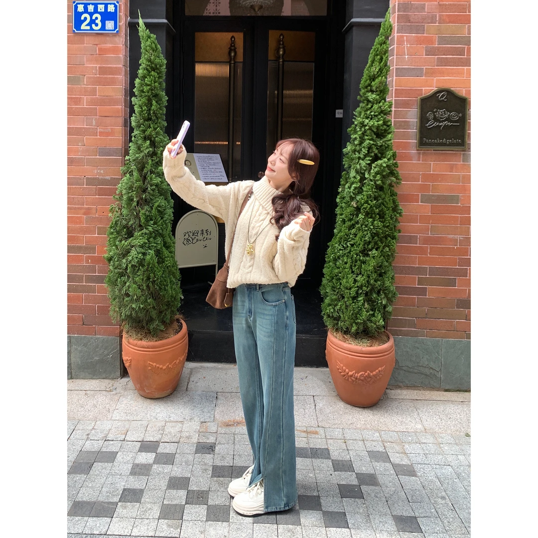 切糕自制【半岛港湾】小个子秋冬长裤女直筒宽松气质新款显瘦牛仔裤