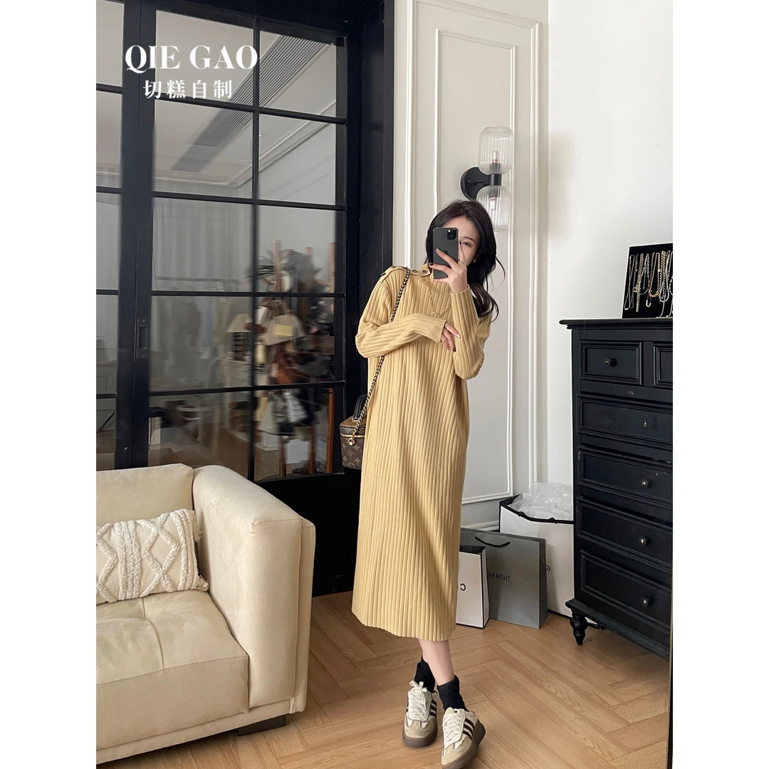 【断码】切糕自制【风吹麦浪】秋冬气质韩版毛针连衣裙L11895G34+L118