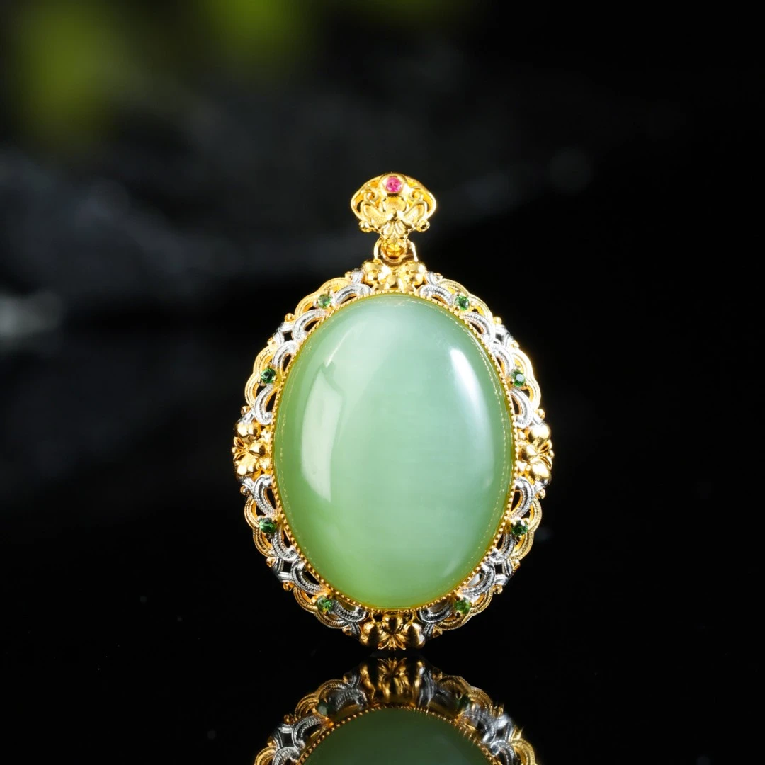 白玉世家甜蜜蜜/18K金碧玉冰闪猫眼吊坠春日上新礼物和田玉玉石