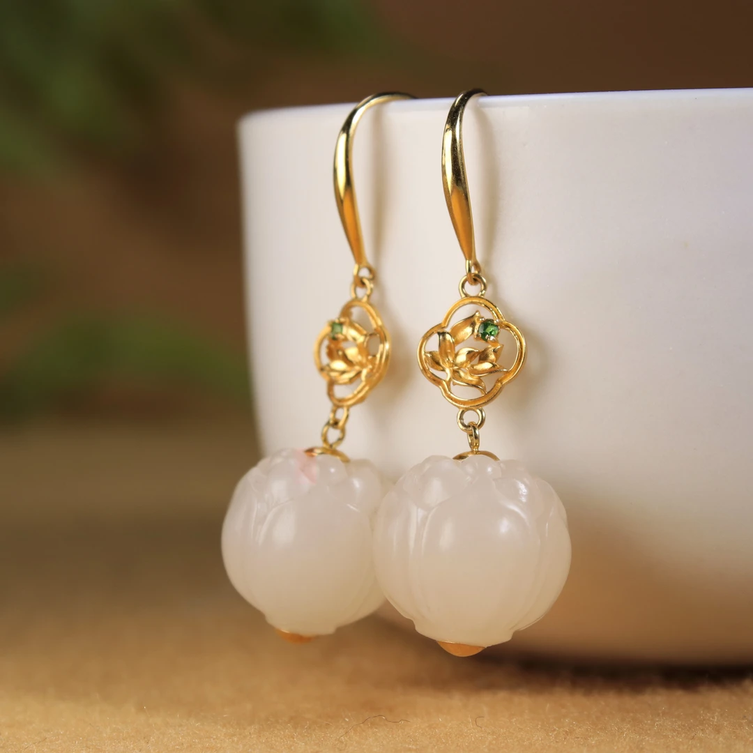 白玉世家白玉世家和田玉野牛沟18K藕粉莲花耳钩春日上新礼物