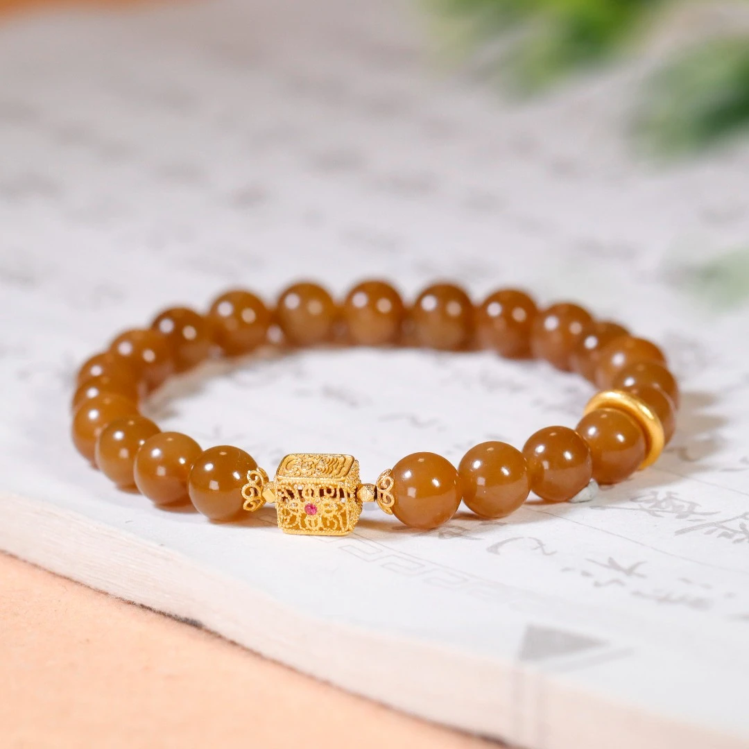 白玉世家和田玉手串18K金糖玉单圈手串糖玉珠串玉串新款保真礼物