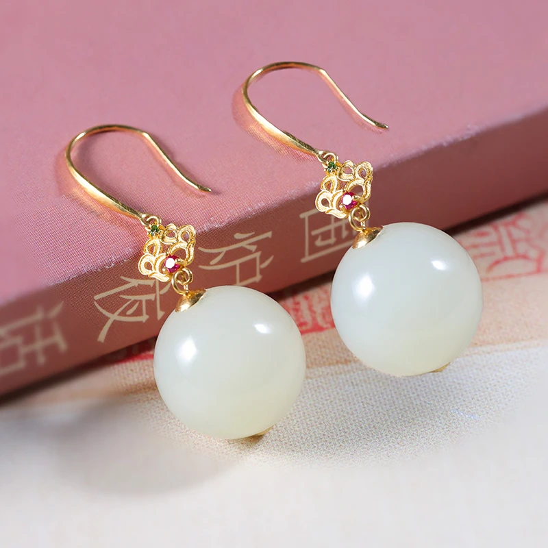 白玉世家18k黄口圆珠耳环春日上新礼物和田玉玉石耳饰保真新品