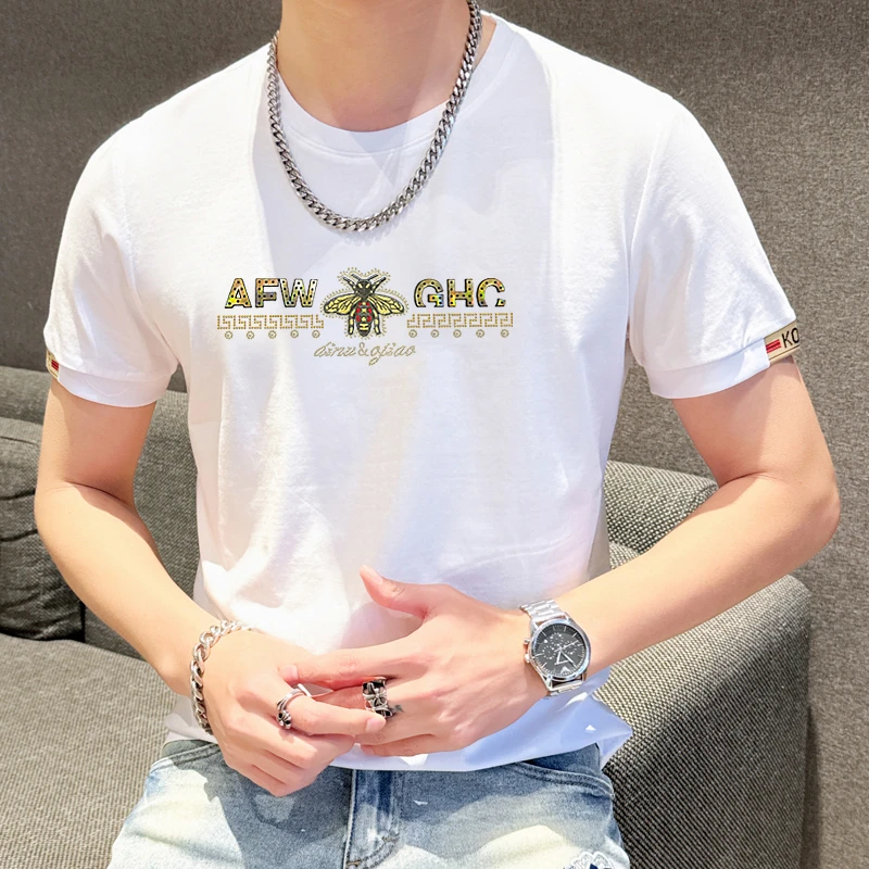 2024夏季新款欧货蜜蜂刺绣棉短袖T恤男士时尚百搭修身圆领半袖衫