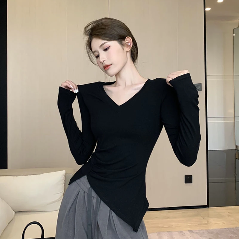 V领垫肩打底衫女春季2023新款不规则开叉上衣内搭修身长袖T恤潮